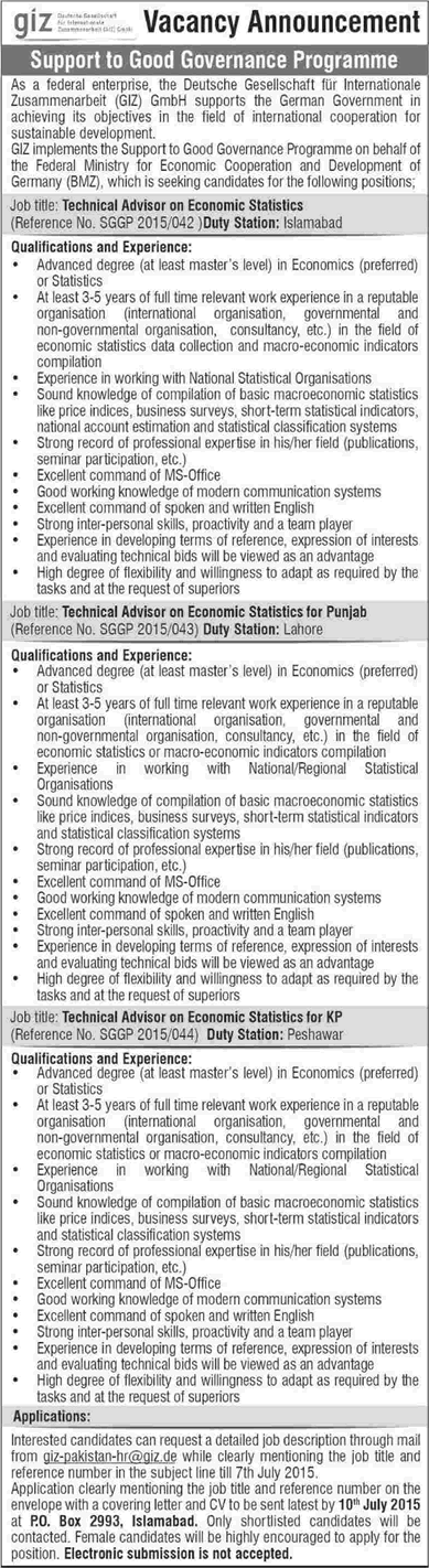 GIZ Pakistan Jobs 2015 June / July Technical Advisors on Economic Statistics Latest