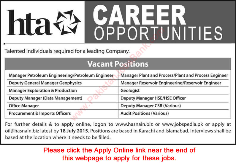 HTA Pakistan Jobs 2015 July Apply Online Managers, Engineers, Officers & Audit Staff Latest