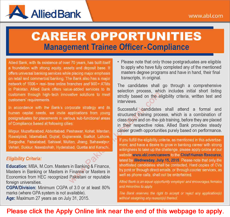 Allied Bank Jobs July 2015 Online Apply as Management Trainee Officer - Compliance