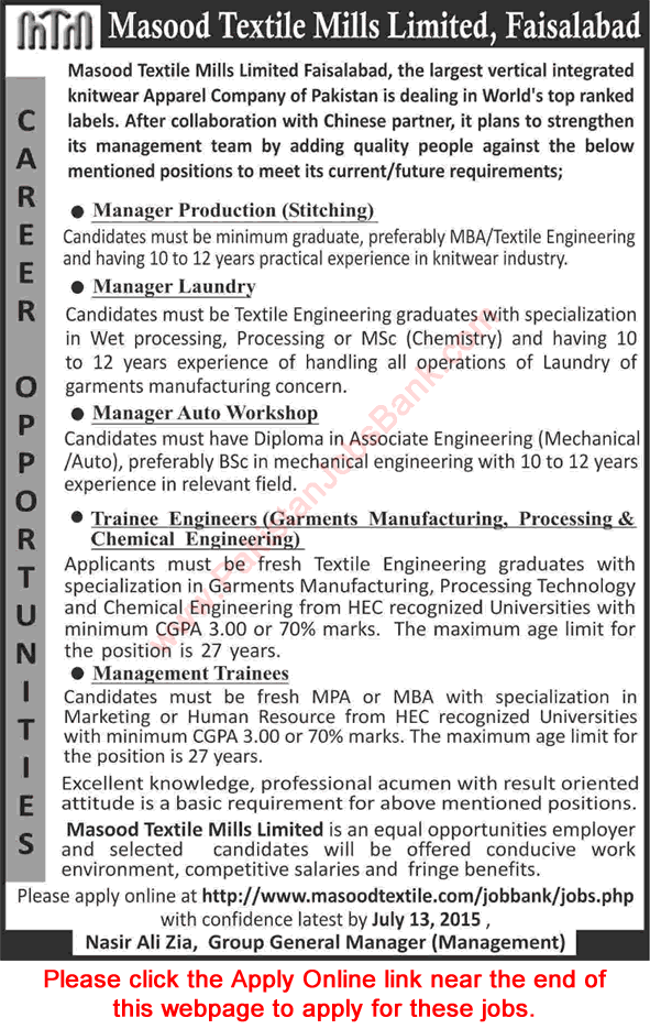 Masood Textile Mills Faisalabad Jobs 2015 July Apply Online Managers, Management Trainees & Trainee Engineers