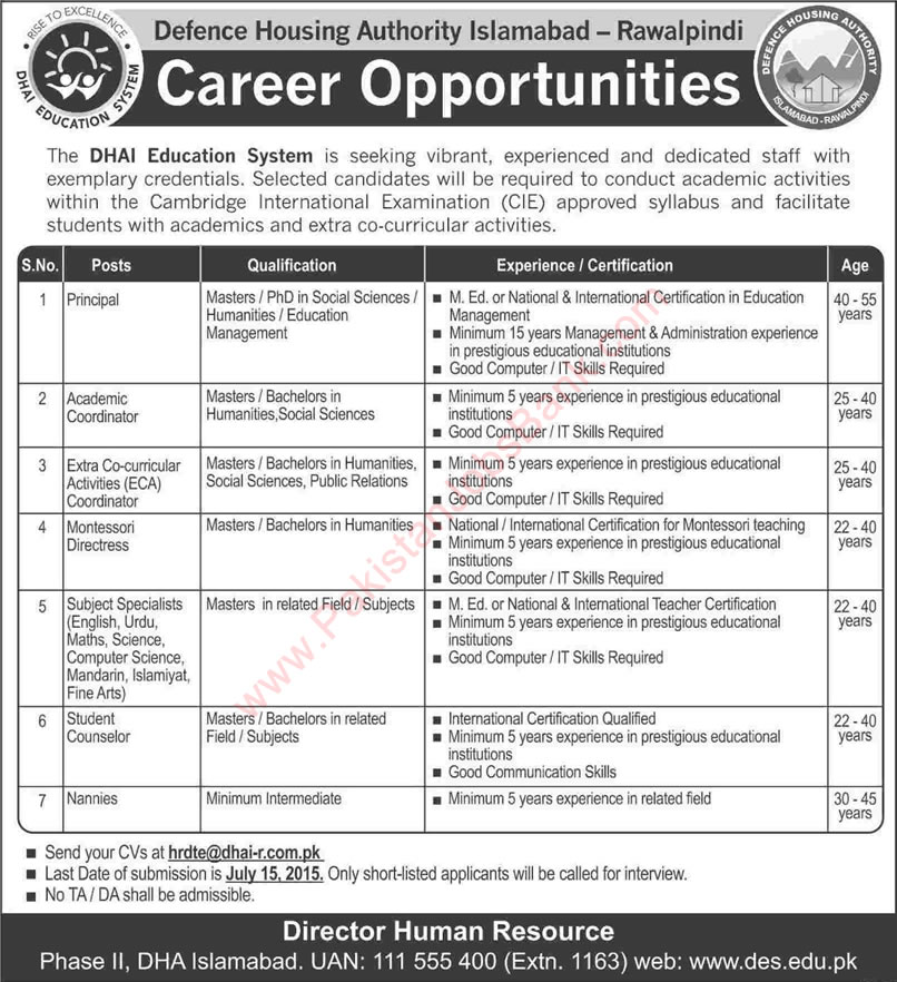 DHAI Education System Jobs 2015 July Teaching Faculty, Coordinators, Student Counselor & Others