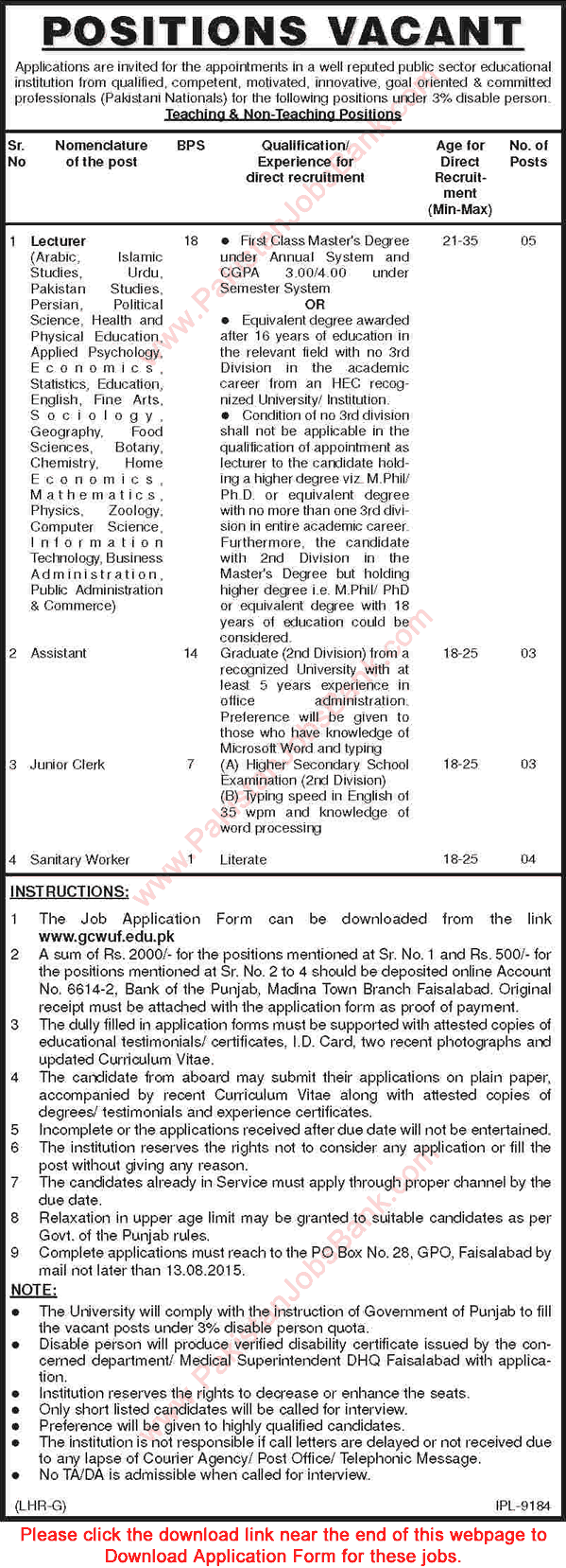 Government College Women University Faisalabad Jobs 2015 July GCWUF Application Form Lecturers, Assistants & Others