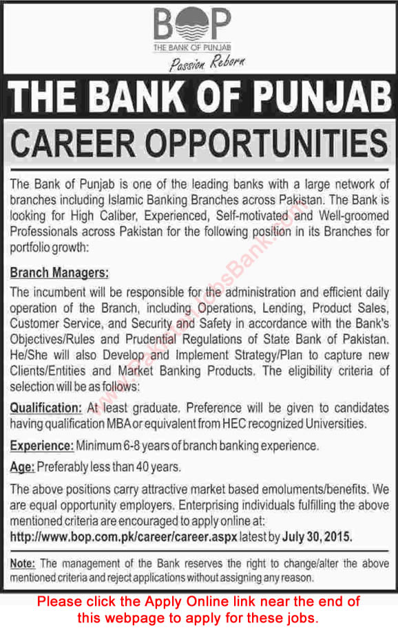 Branch Manager Jobs in Bank of Punjab 2015 July Apply Online Latest Advertisement
