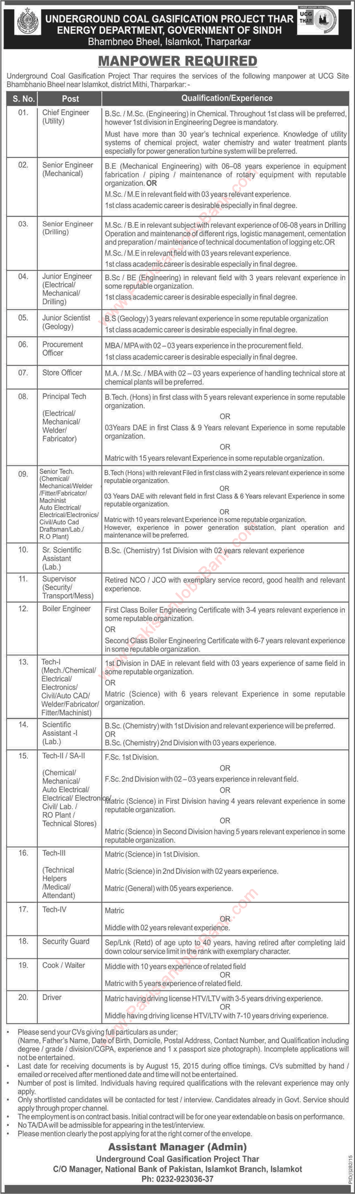Underground Coal Gasification Project Thar Jobs 2015 July Engineers, Technicians & Admin Staff Latest