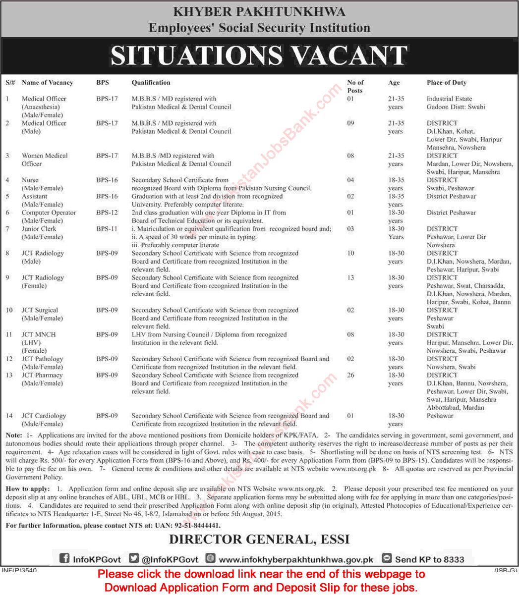 Employees’ Social Security Institution KPK Jobs 2015 July NTS Application Form Download ESSI Latest