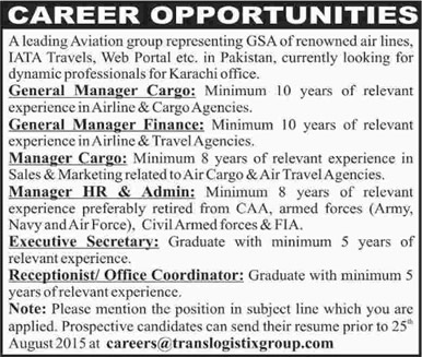 Translogistix Group Karachi Jobs 2015 July / August Cargo / Finance / HR / Admin Manager, Secretary & Receptionist