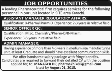 Pharmacist & Admin Manager Jobs in Karachi 2015 July / August in a Pharmaceutical Firm Latest