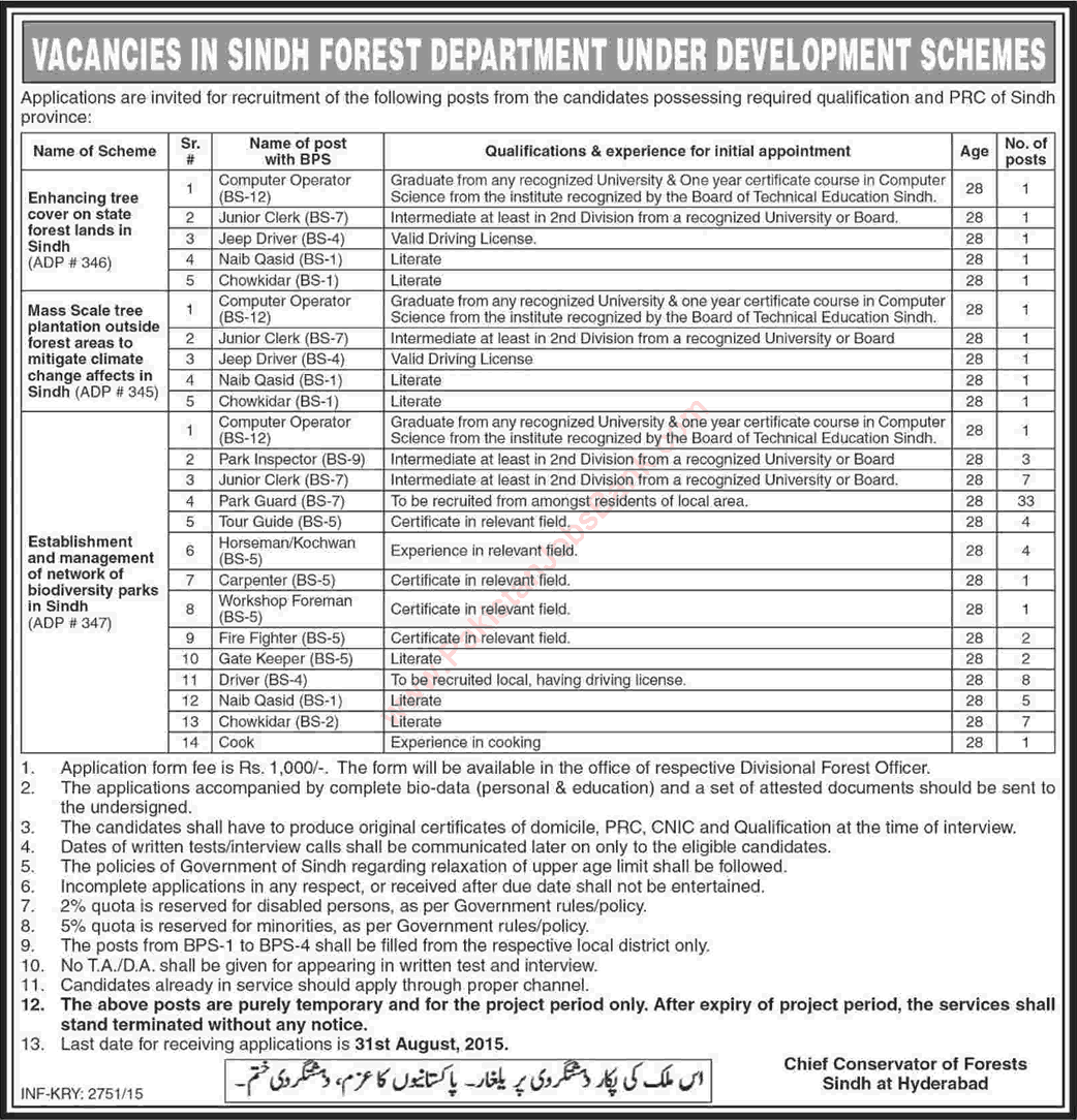 Jobs in Sindh Forest Department 2015 July / August under Development Schemes Latest