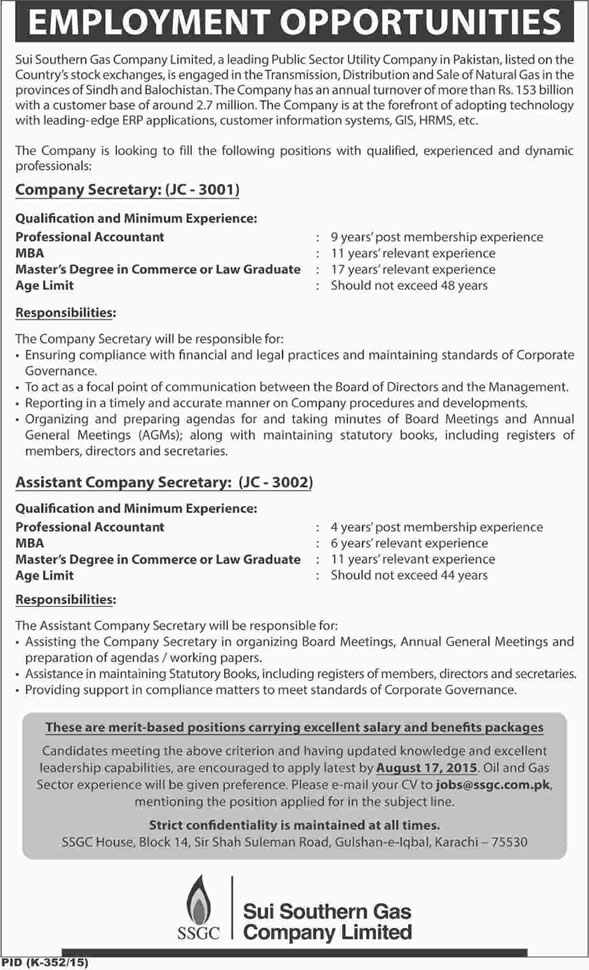 Assistant / Company Secretary Jobs in Sui Southern Gas Company Ltd Karachi 2015 August Latest