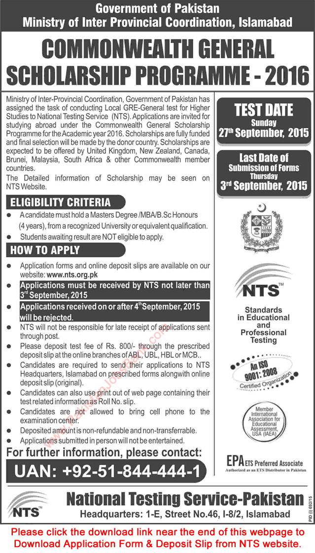 Commonwealth General Scholarship Program 2016 NTS Application Form Download Latest