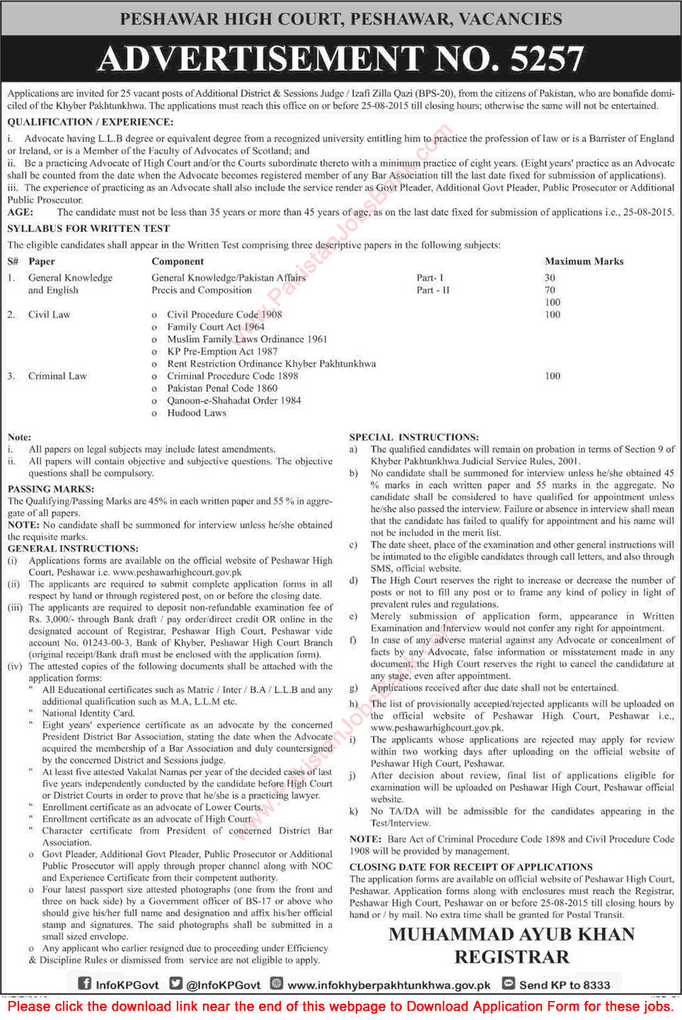 Additional District & Session Judge Jobs in Peshawar High Court 2015 August Application Form Latest