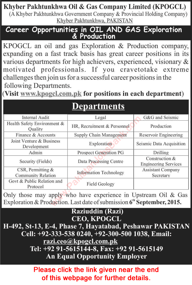KPOGCL Jobs August 2015 Khyber Pakhtunkhwa Oil and Gas Company Limited KPK Latest