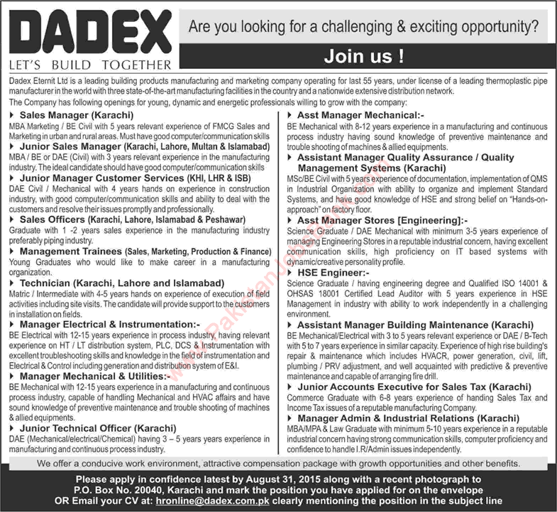 Dadex Eternit Pakistan Jobs 2015 August Management Trainees, Engineers, Sales, Accounts & Admin Staff