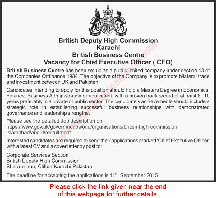 British Deputy High Commission Karachi Jobs 2015 August Chief Executive Officer of British Business Centre