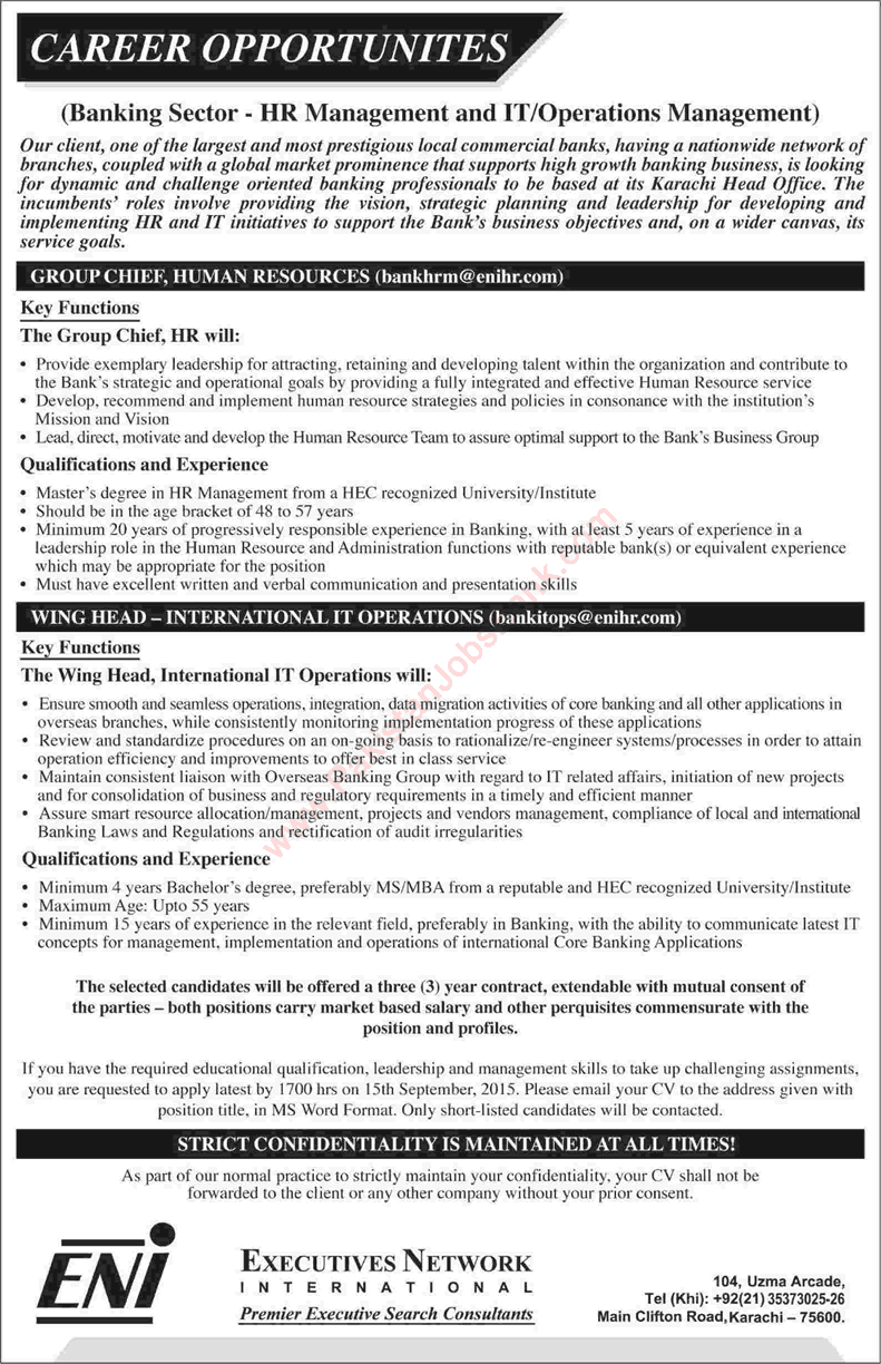 Executives Network International Jobs 2015 August Banking Sector HR / IT / Operations Management