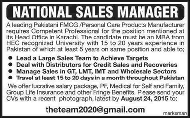 National Sales Manager Jobs in Karachi 2015 August for FMCG / Personal Care Products Manufacturer