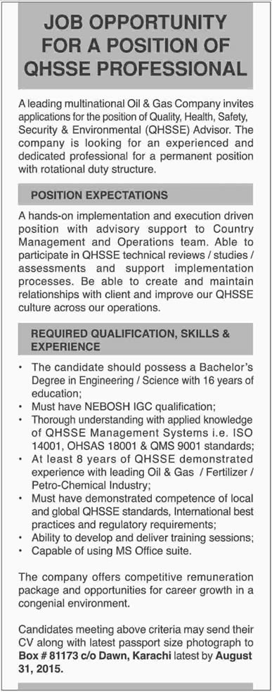 Oil and Gas Jobs in Pakistan 2015 August Quality, Health, Safety, Security & Environmental Advisor Latest