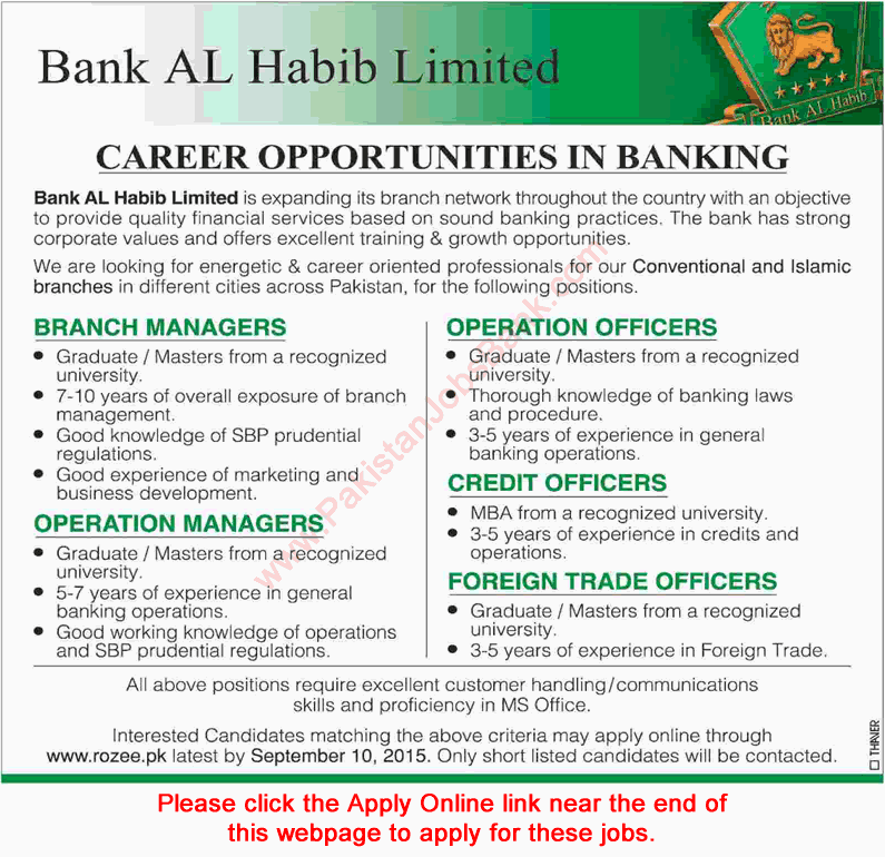 Bank Al Habib Jobs August 2015 Apply Online Officers & Managers in Islamic / Conventional Banking Latest