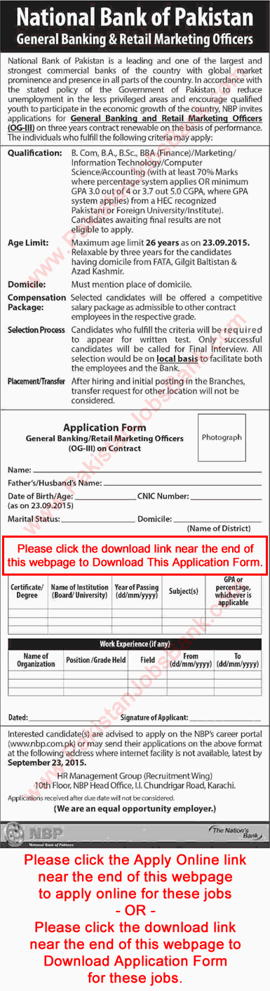 National Bank of Pakistan Jobs August 2015 Online Application Form General Banking & Marketing Officers OG-III