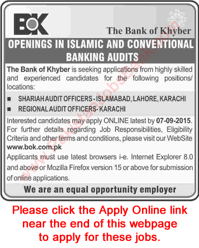 Bank of Khyber Jobs 2015 August Apply Online Shariah / Regional Audit Officers Latest