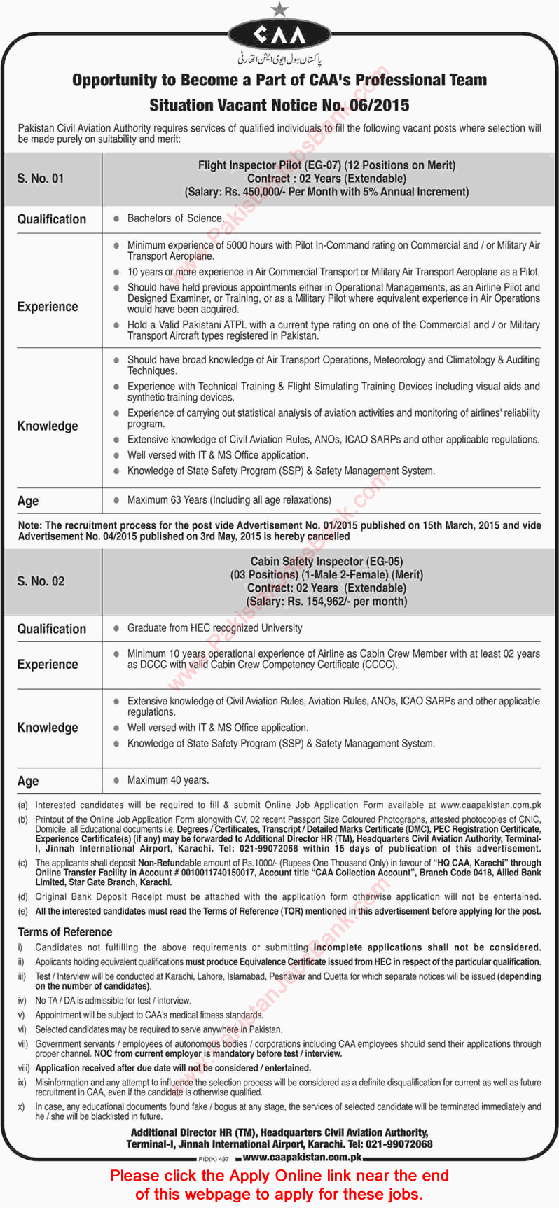 Civil Aviation Authority Jobs August 2015 Apply Online Flight Inspector Pilot & Cabin Safety Inspector