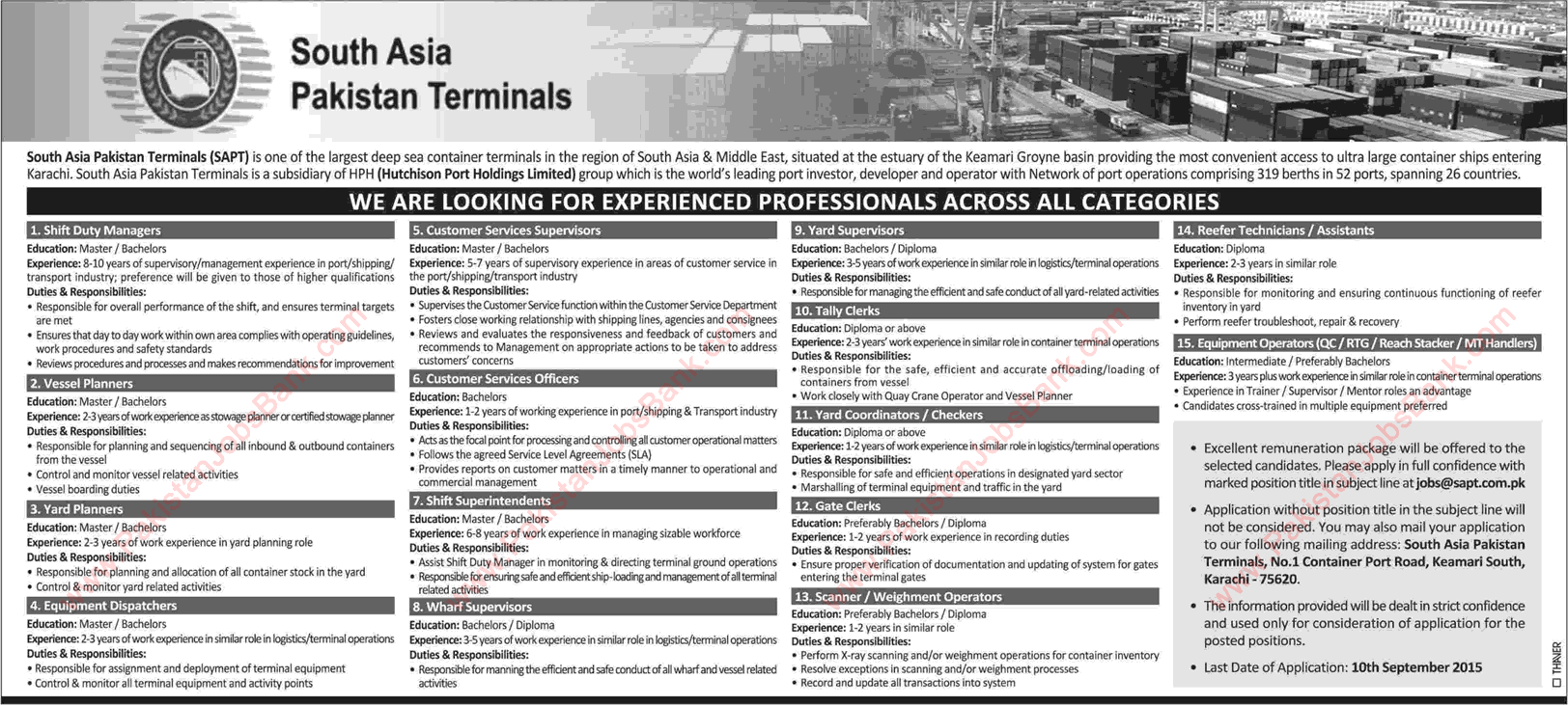 South Asia Pakistan Terminals Karachi Jobs 2015 August SAPT Latest