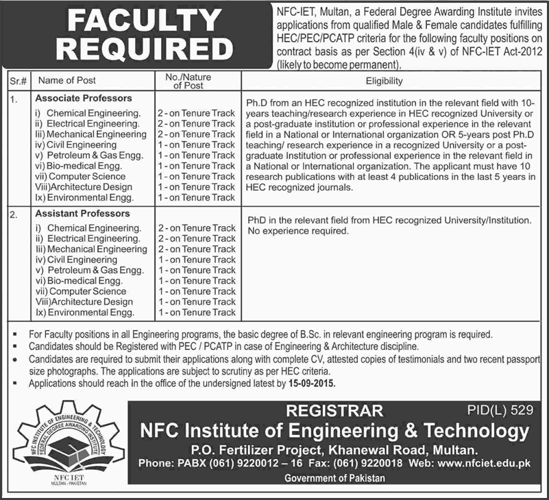 NFC IET Multan Jobs 2015 August Teaching Faculty / Assistant / Associate Professors