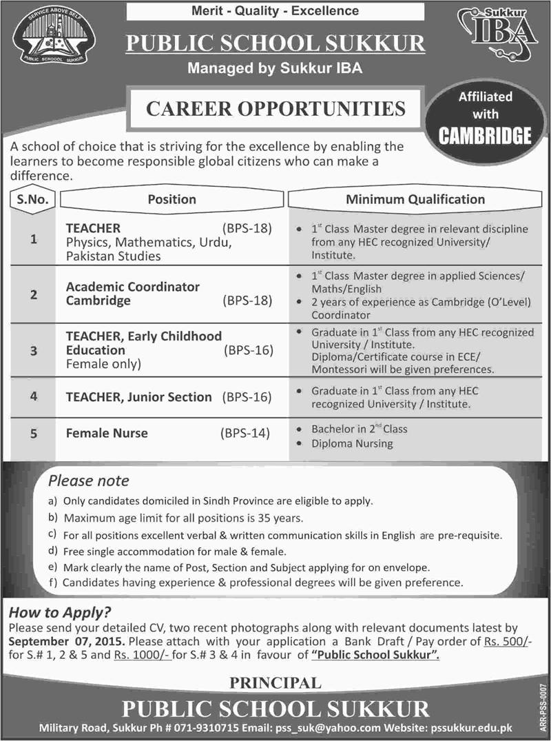 IBA Public School Sukkur Jobs August 2015 Teachers, Coordiantor & Nurse