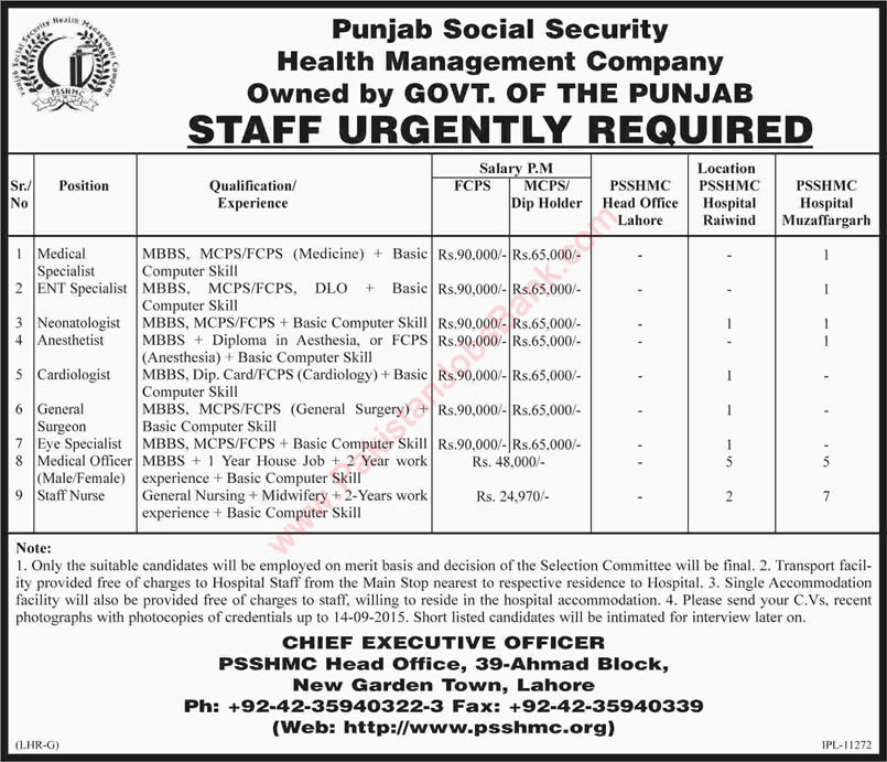 Punjab Social Security Health Management Company Jobs 2015 August Staff Nurses, Medical Officers & Specialists