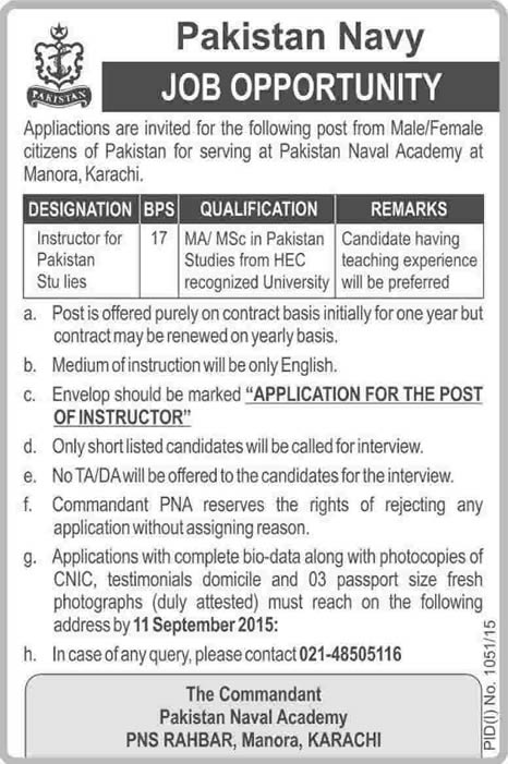 Instructor Jobs in Pakistan Naval Academy Manora Karachi 2015 August Pak Navy Latest