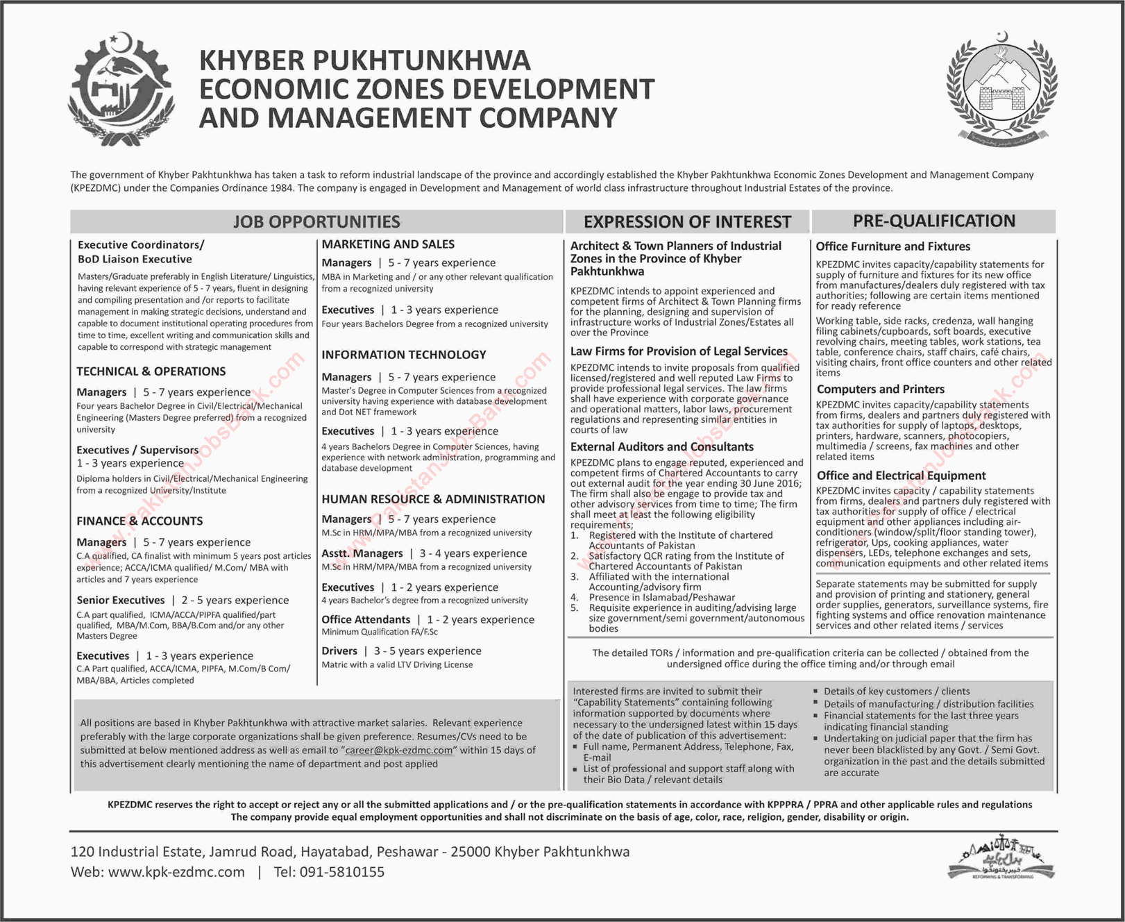 KPK Economic Zones Development & Management Company Jobs 2015 August / September KPEZDMC Latest