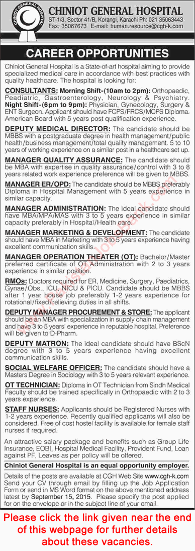 Chiniot General Hospital Karachi Jobs 2015 August / September Medical, Admin & Technical Staff Latest