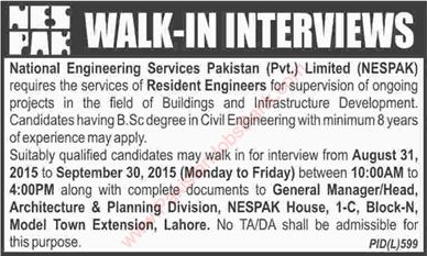 NESPAK Jobs 2015 August / September Civil Engineers as Resident Engineers Walk in Interviews Latest