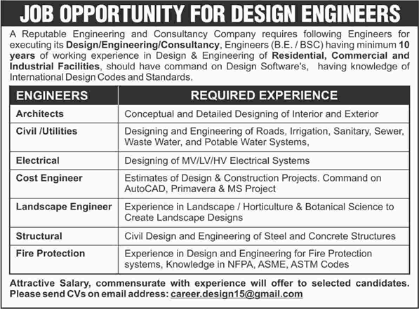 Design Engineer Jobs in Pakistan 2015 September for Engineering & Consultancy Company