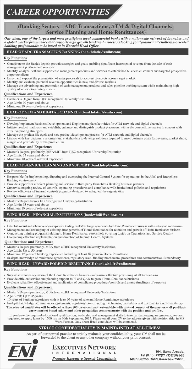 Executive Network International Jobs 2015 August / September Banking Sector Management Heads