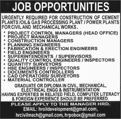 Civil / Electrical / Mechanical Engineering Jobs in Pakistan 2015 September for Construction Company