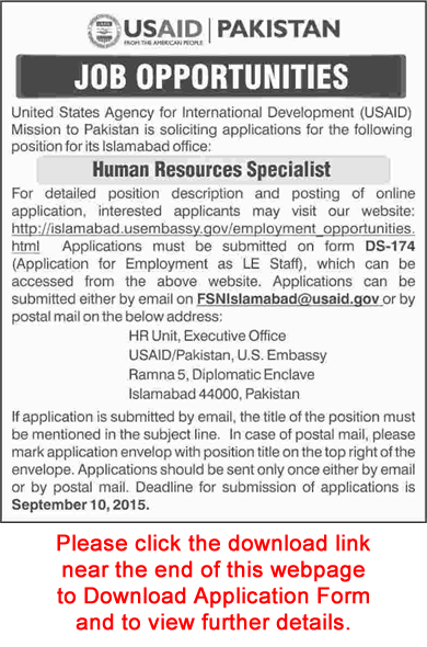 USAID Islamabad Jobs 2015 August / September Application Form Human Resource Specialist Latest