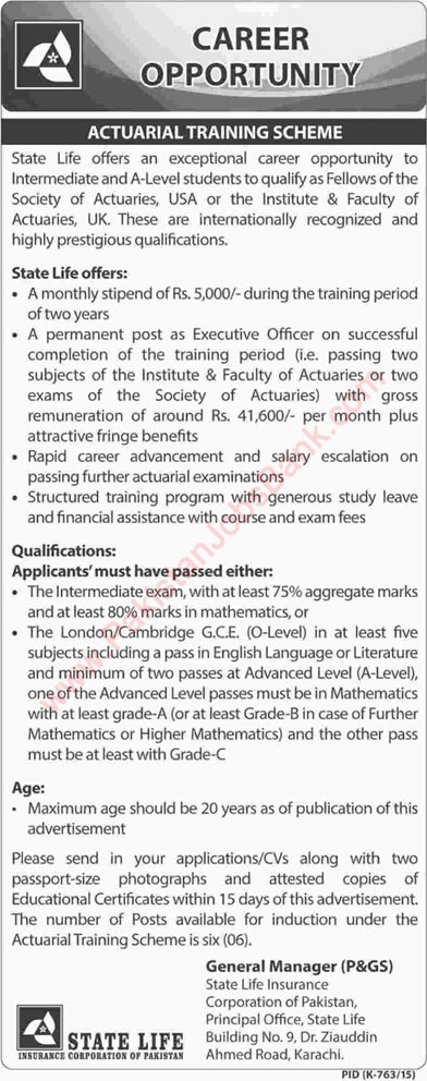 State Life Actuarial Training Scheme 2015 September for Intermediate & A-Level Students Latest