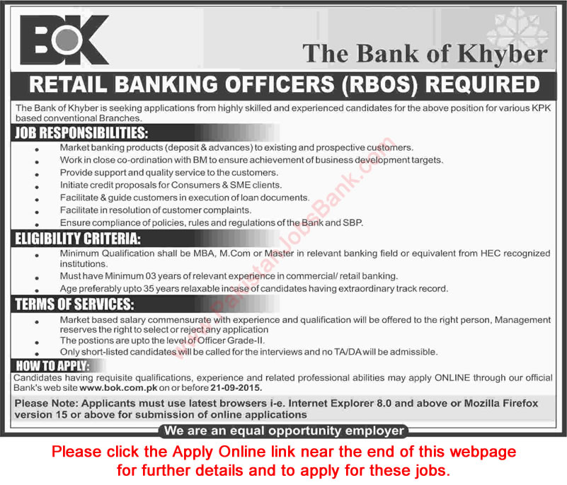 Retail Banking Officer Jobs in Bank of Khyber 2015 September Apply Online KPK Branches