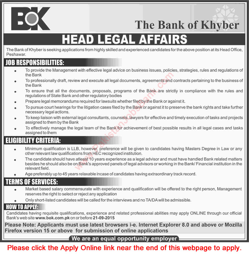 Bank of Khyber Head Legal Affairs Jobs 2015 September Apply Online