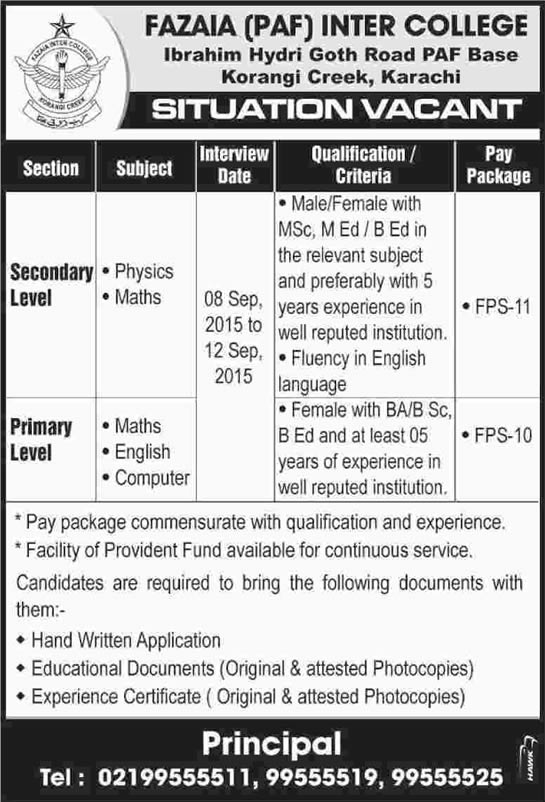 Fazaia Inter College Karachi Jobs 2015 September Teaching Faculty PAF Korangi Creek