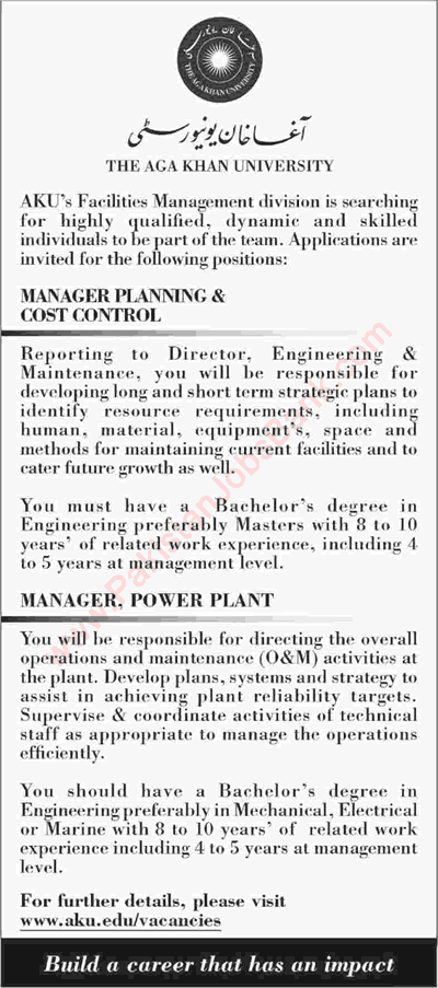 Aga Khan University Karachi Jobs 2015 September Manager Power Plant & Planning & Cost Control