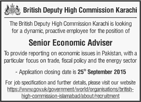 British Deputy High Commission Karachi Jobs 2015 September Senior Economic Adviser Latest