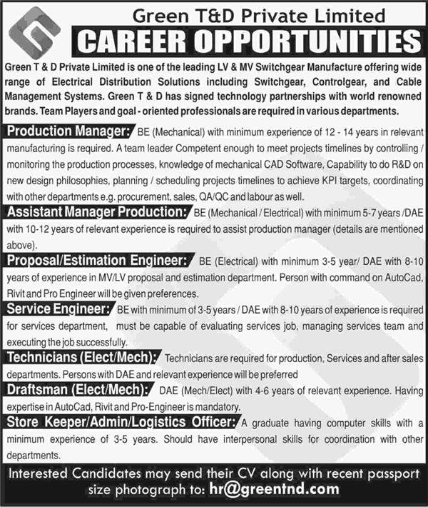 Green T&D Pvt. Ltd Jobs 2015 September Mechanical / Electrical Engineers, Draftsman & Admin Staff