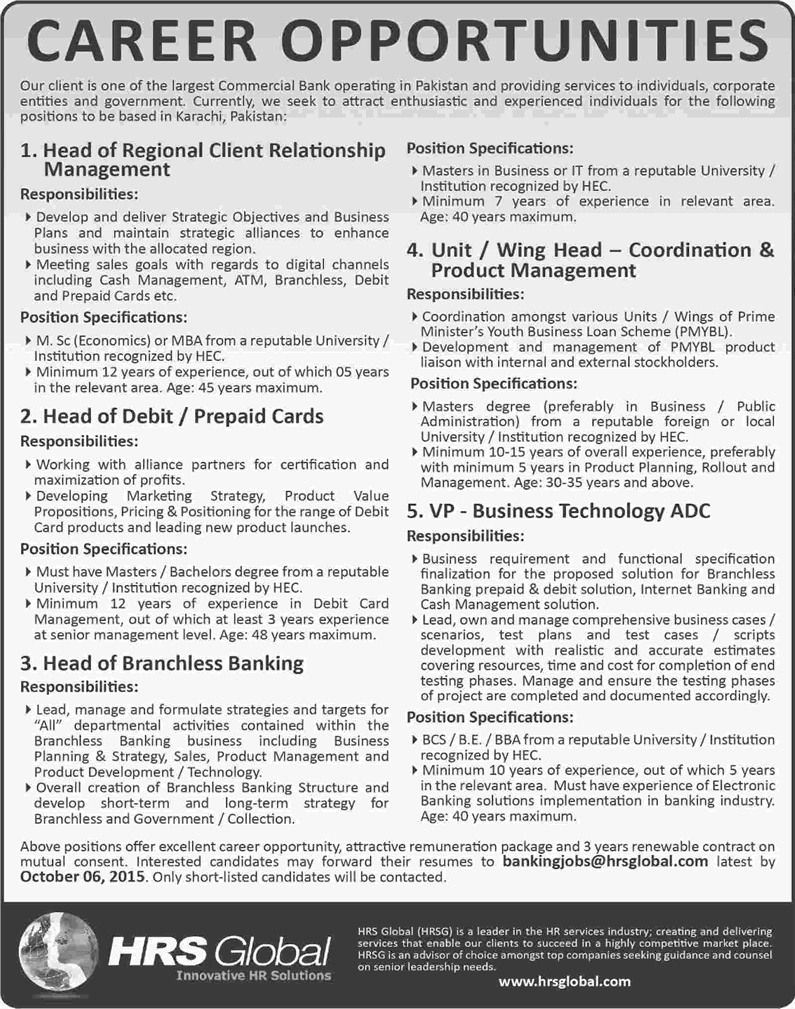 HRS Global Jobs 2015 September Senior Management for a Commercial Bank Latest