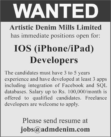 iOS Developers Jobs in Karachi 2015 at Artistic Denim Mills Limited Latest
