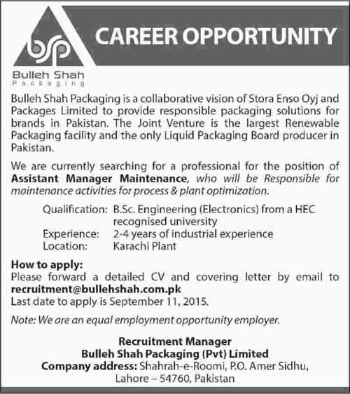 Electronics Engineering Jobs in Karachi 2015 September Bulleh Shah Packaging Manager Maintenance