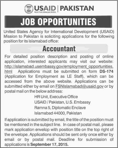 Accountant Jobs in USAID Islamabad Jobs 2015 September Application Form Download Latest