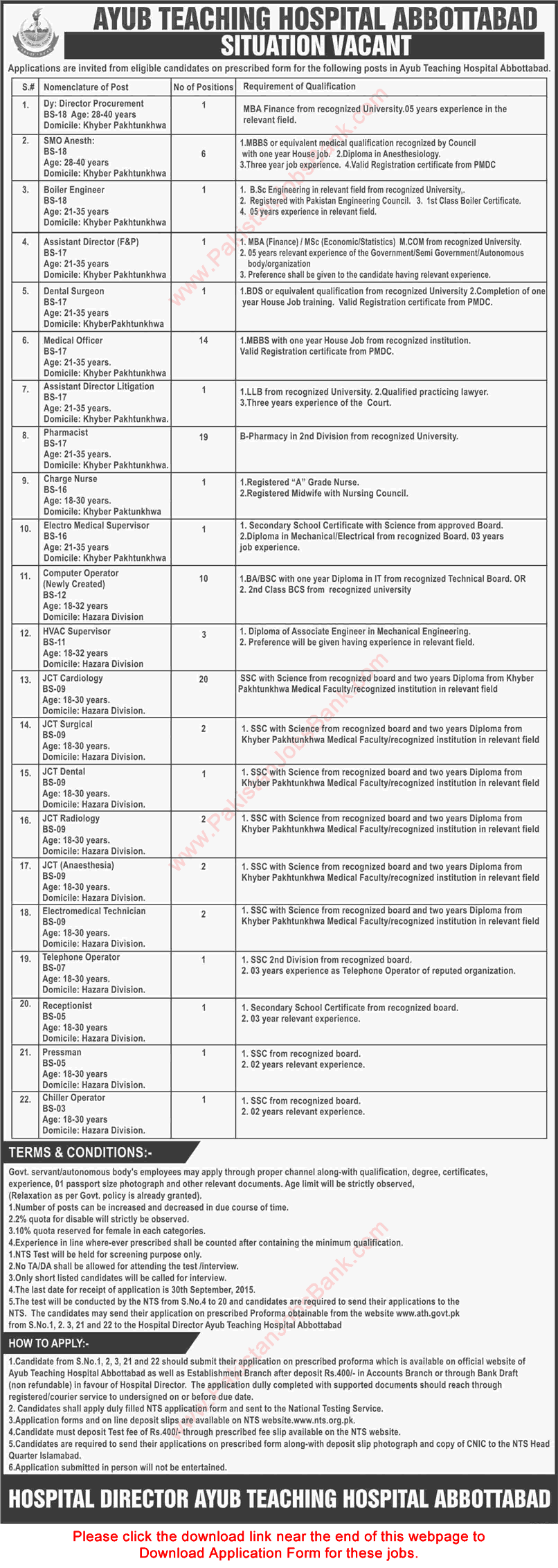 Ayub Teaching Hospital Abbottabad Jobs 2015 September NTS Application Form Download Latest