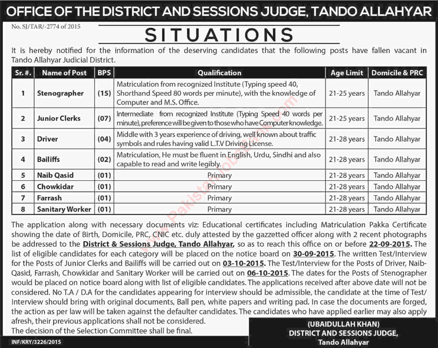 District and Session Court Tando Allahyar Jobs 2015 September Stenographer, Clerks, Driver, Naib Qasid & Others
